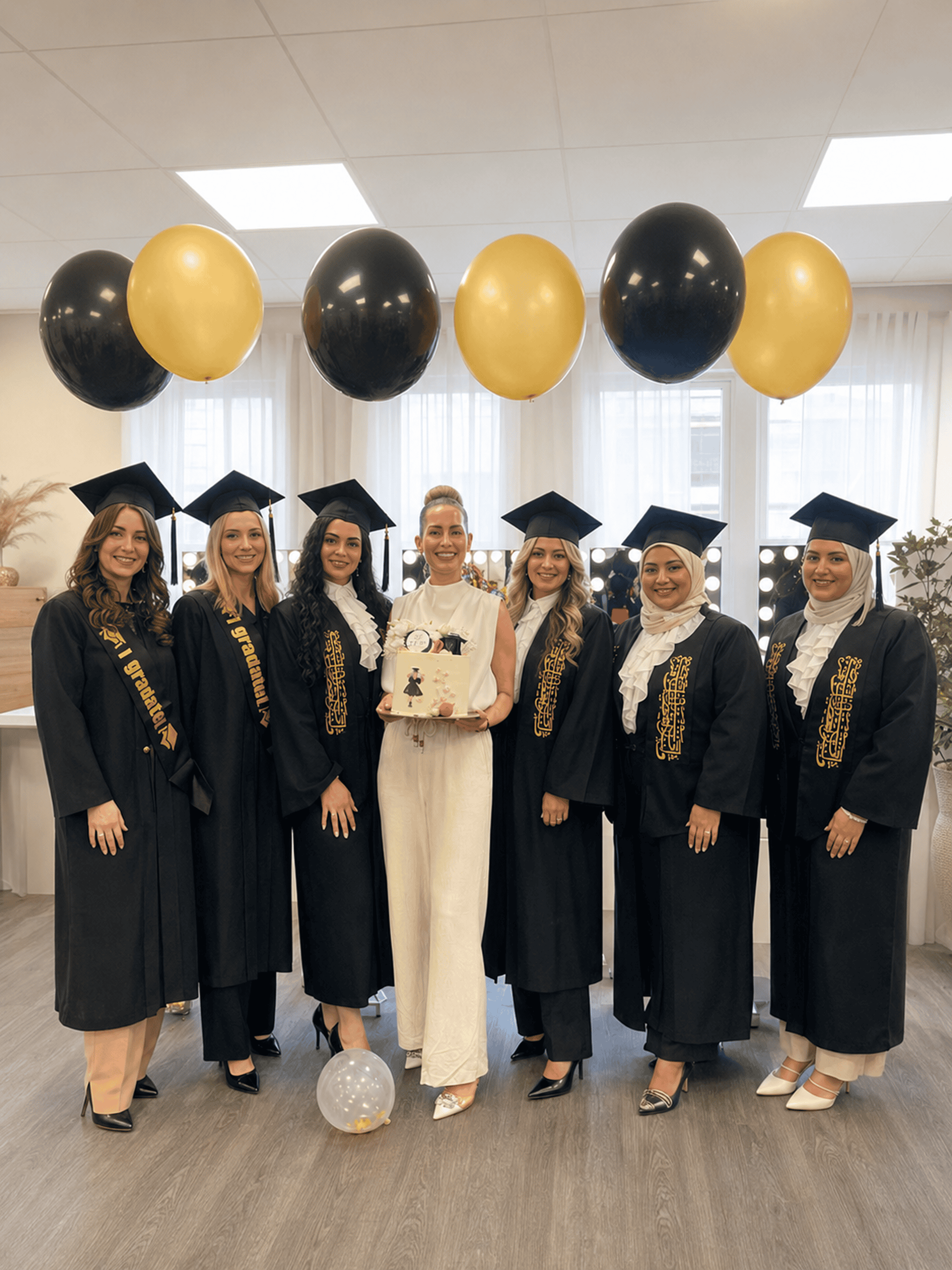 Sechs Frauen in Abschlussroben und -kappen stehen neben einer Frau in Weiß, die eine verzierte Torte in der Hand hält, und feiern den erfolgreichen Abschluss ihrer professionellen Kosmetikausbildung. Über ihnen schweben schwarz-goldene Luftballons, auf dem Boden liegt ein weiß-goldener Luftballon. Der Schauplatz scheint eine Feier in den Räumlichkeiten der Kosmetikschule Einbeck zu sein, bei der die Leistungen dieser Absolventinnen der Privatschule für Kosmetik gewürdigt werden.