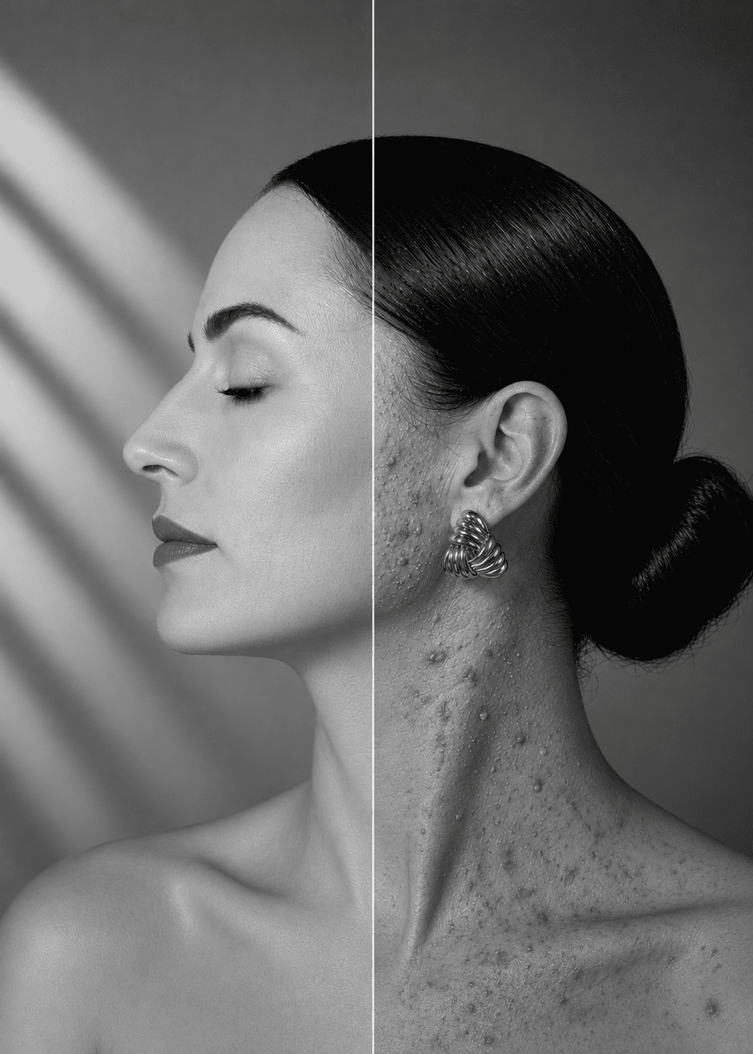 vorher Schwarz-Weiß-Foto einer Frau im Profil, deren Haare zu einem Knoten zusammengebunden sind. Das Bild ist zweigeteilt: Auf der einen Seite ist glatte Haut zu sehen, auf der anderen Seite zeigt sich strukturierte, unreine Haut im Gesicht und am Hals – ein eindrucksvolles Bild, das in der Kosmetikpraxis Einbeck häufig verwendet wird, um die transformativen Wirkungen professioneller Hautpflegebehandlungen hervorzuheben.