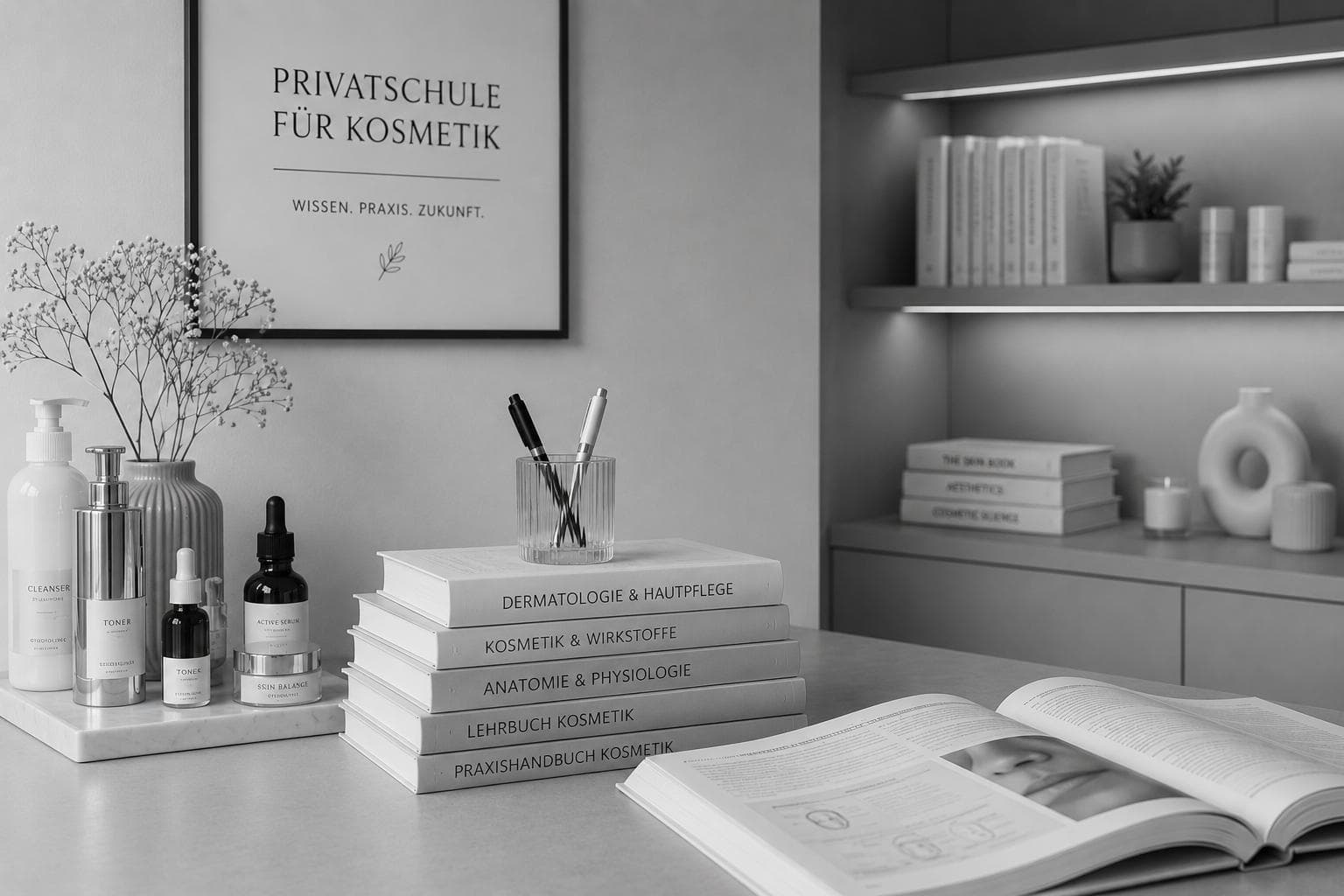 Ein moderner, aufgeräumter Schreibtisch mit Hautpflegeflaschen, gestapelten Kosmetikbüchern, einem aufgeschlagenen Buch, Stiften in einem Stifthalter und minimalistischer Dekoration. An der Wand hängt ein gerahmtes Schild mit der Aufschrift „Privatschule für Kosmetik“.