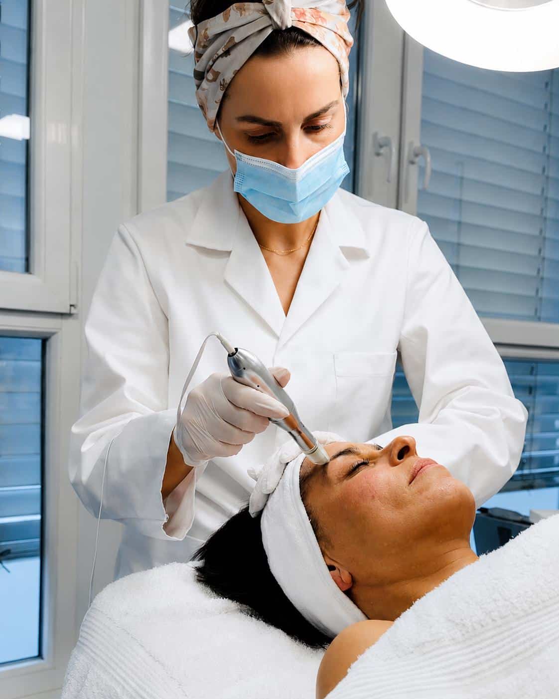 Eine Frau in einem Spa erhält eine Gesichtsbehandlung von einer Kosmetikerin – die an der Kosmetikschule Einbeck ausgebildet wurde –, die einen Kittel, Handschuhe, eine Maske und ein Stirnband trägt und ein Hautpflegegerät am Gesicht der Kundin anwendet.