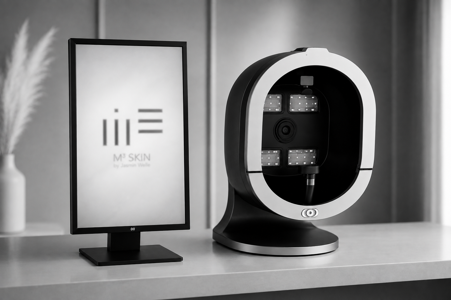 Ein Monitor, auf dem das M3 SKIN-Logo neben einem professionellen Bildgebungsgerät zur Hautanalyse bei Johanna Arnemann, Kosmetikerin, zu sehen ist.